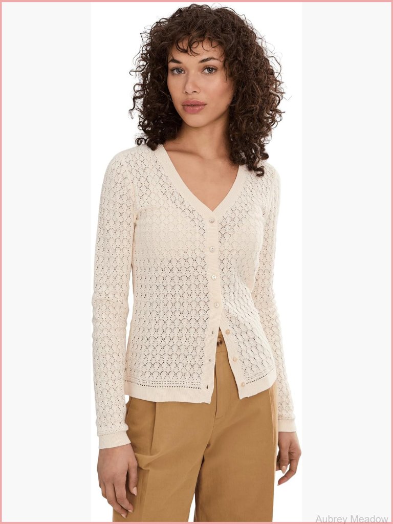 Cotton Pointelle Cardigan - V-Neck Button Front Relaxed Fit